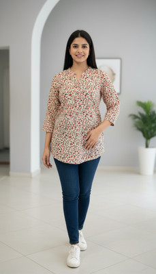 Jostory Women Printed A-line Kurta(Orange)
