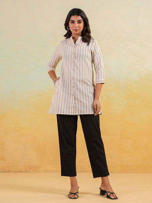 Janasya Women Striped Straight Kurta(Beige)