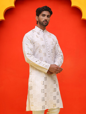 Jompers Men Embroidered Straight Kurta(White)