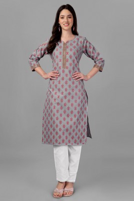 Solucions Women Block Print A-line Kurta(Grey)