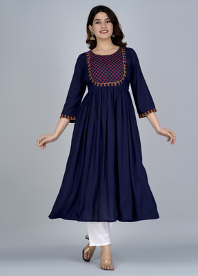Mandna Women Embroidered Anarkali Kurta(Blue)