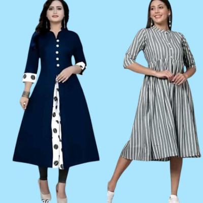 Rangrasiya Creation Women Striped, Solid Straight Kurta(Blue, Grey)