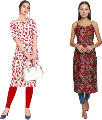 KAUTAQI Women Printed Straight Kurta(Multicolor)