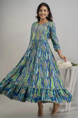 anushansa Women Embroidered, Printed Flared Kurta(Blue)