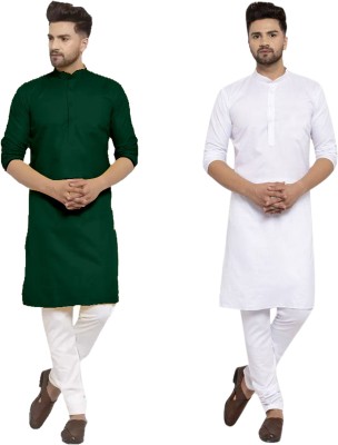 LOOKMARK Men Solid Straight Kurta(White, Dark Green)