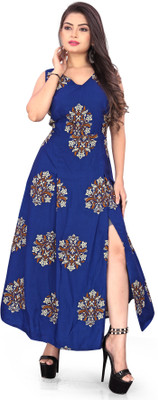 HOC's Women Printed A-line Kurta(Blue)