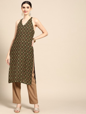 ANOUK Women Printed Straight Kurta(Dark Green)