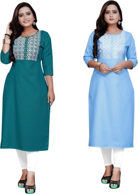 Jiya Enterprise Women Embroidered A-line Kurta(Light Blue, Blue)