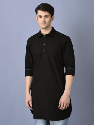 Canoe Men Solid A-line Kurta(Black)