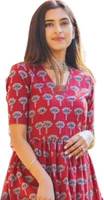 Jixpox Women Floral Print Flared Kurta(Maroon)