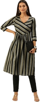 Vedic Women Striped Straight Kurta(Grey, Black)