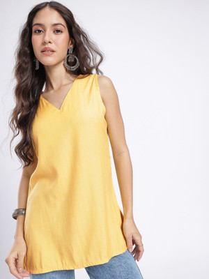 Anouk Rustic Women Solid Straight Kurta(Yellow)
