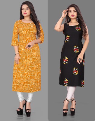 maruti fab Women Printed Straight Kurta(Black, Yellow)