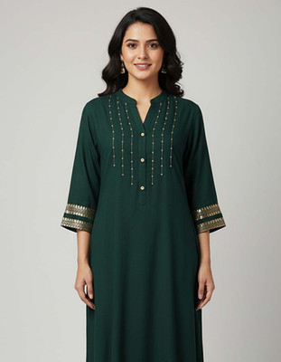 trendpe Women Solid A-line Kurta(Dark Green)