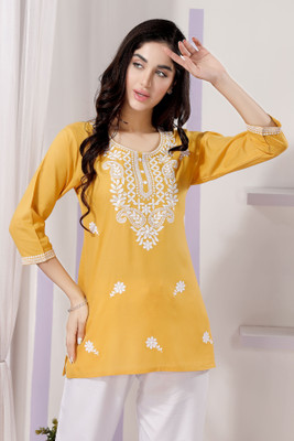 Divastri Women Chikan Embroidery Straight Kurta(Yellow)