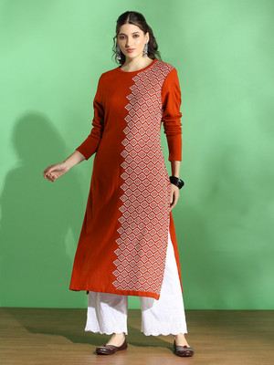 Globus Women Woven Design Straight Kurta(Orange, White)