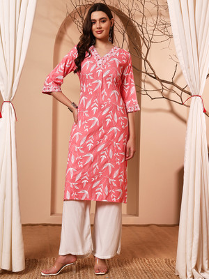 Dholiwal Fashion Women Floral Print Straight Kurta(Pink)