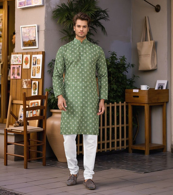 Outluk Men Printed A-line Kurta(Green)