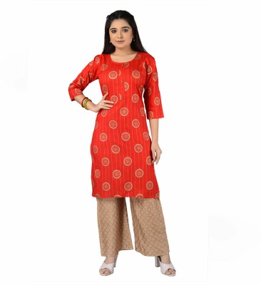 UB WOLF Women Self Design Ethnic Dress Kurta(Red, Orange)