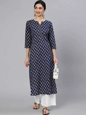 Kamex Women Geometric Print A-line Kurta(Dark Blue, White)