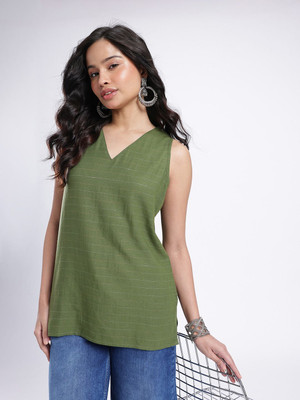 Anouk Rustic Women Striped Straight Kurta(Green)