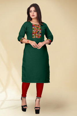 dhanshree tex Women Embroidered A-line Kurta(Dark Green)