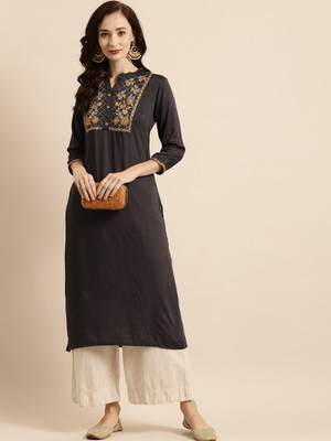 ANOUK Women Embroidered Straight Kurta(Black)