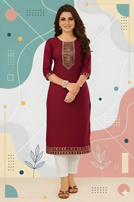 NoveTrends Women Embroidered A-line Kurta(Maroon)
