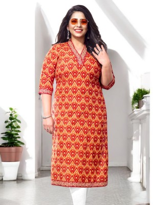 Jevi Prints Women Block Print Straight Kurta(Orange, Red)