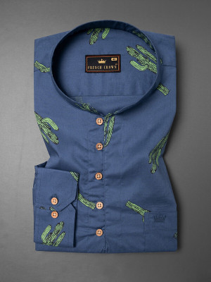 french crown Men Floral Print Straight Kurta(Light Green, Dark Blue)