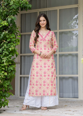 BHATRAS Women Printed, Floral Print, Embellished, Embroidered Straight Kurta(Beige)