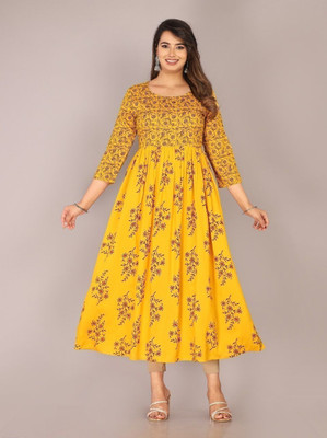 PRIYANSHI DESIGNING Women Printed Anarkali Kurta(Yellow)