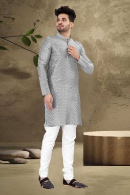 FOLGEN Men Woven Design Straight Kurta(Grey)