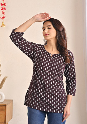 CHECHI Women Printed Straight Kurta(Brown)