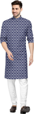 KSH Trendz Men Embroidered Straight Kurta(Dark Blue, White)