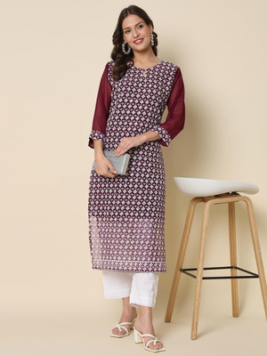 VredeVogel Women Chikan Embroidery A-line Kurta(Maroon)