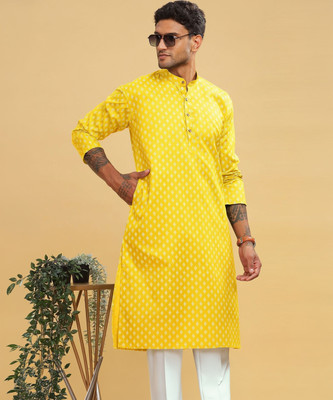 ANOUK Men Printed Straight Kurta(Yellow)