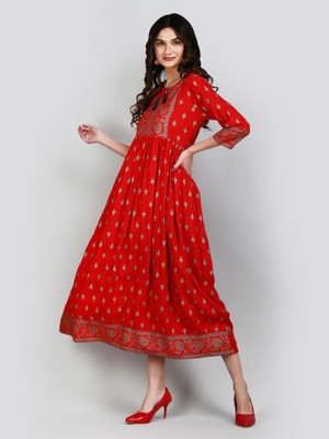 MANKSH Women Printed Flared Kurta(Red)