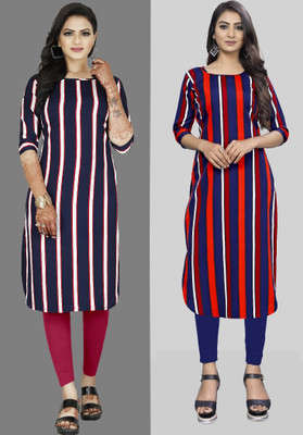 Hiral Creation Women Striped, Printed A-line Kurta(Red, Purple)