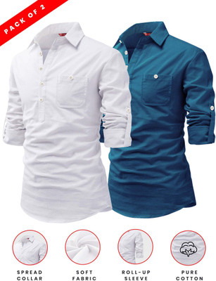FireFish Men Solid A-line Kurta(Blue, White)