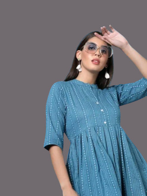 Houseofcommonv Women Striped Flared Kurta(Blue)