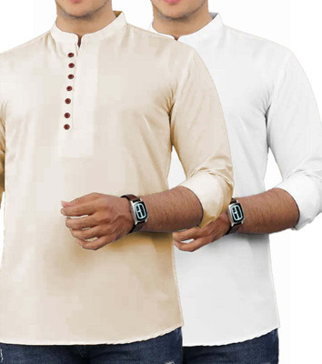 GOD HEART Men Solid Straight Kurta(Beige, White)