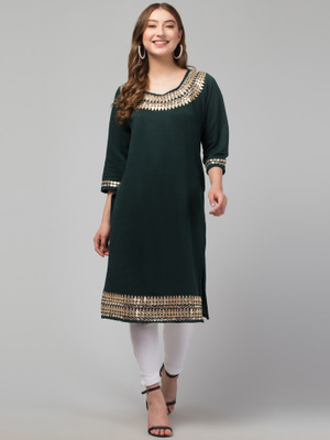 CROWN KING GARMENTS Women Embroidered Straight Kurta(Dark Green, Gold)
