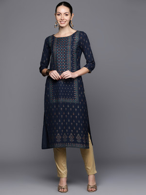 Indo Era Women Printed Straight Kurta(Dark Blue)