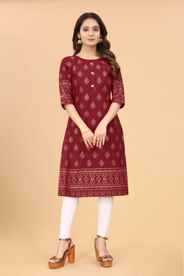 Az incide Women Printed Straight Kurta(Maroon)