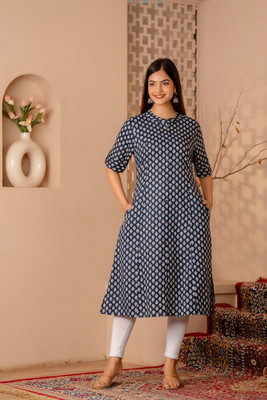Trivedi EXIM Women Printed A-line Kurta(Dark Blue)