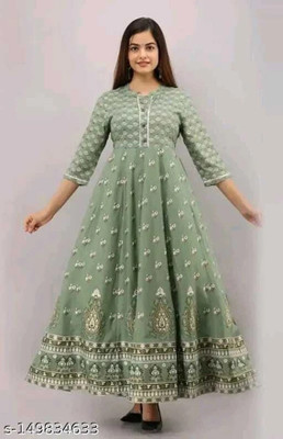 YASHIKADESIGNER Women Printed Flared Kurta(Light Green)