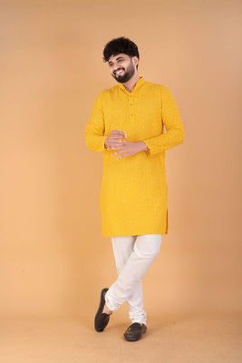 Keton Men Embroidered, Embellished Straight Kurta(Yellow)