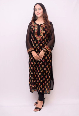 Chikankari by fs fashion Women Chikan Embroidery Straight Kurta(Black)