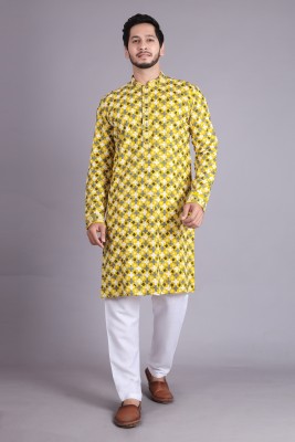 ALMORA Men Chikan Embroidery Ethnic Dress Kurta(Yellow)